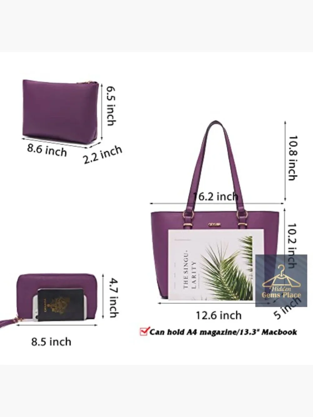 Large Tote Satchel Set with Matching Wallet - 4 Piece Handbag Purse